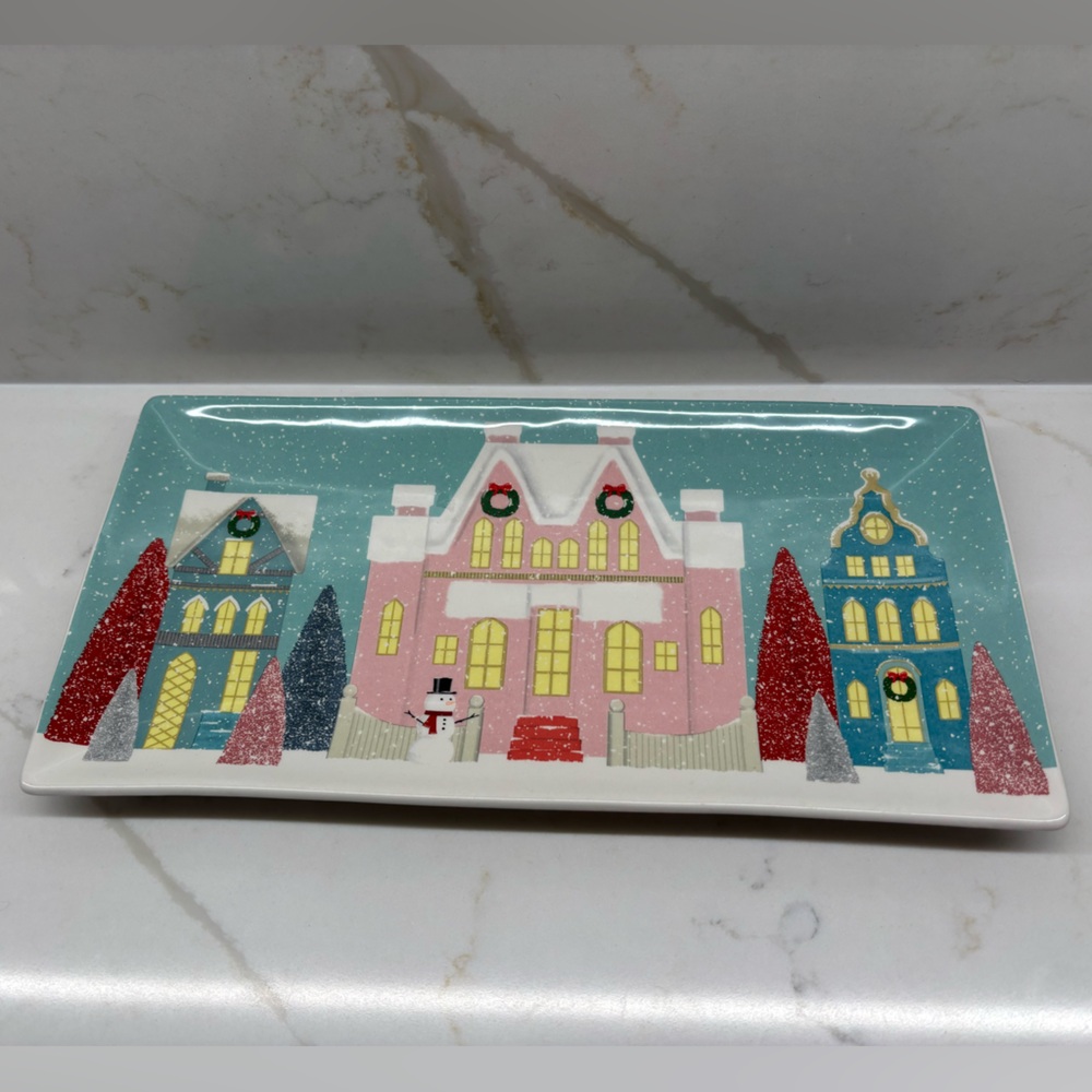 Pier 1 Pastel Christmas Winter Houses Festive Holiday Village Ceramic Tray